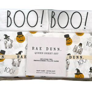 Rae Dunn Queen Sheet Set BOO Halloween Ghost Pumpkins Goth Witchy Decor NEW 2024